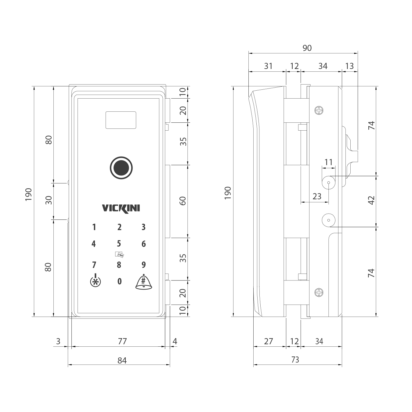 Khóa cửa điện tử VICKINI 39701.001 SPR bạc sơn. Mở bằng vân tay, mật khẩu, thẻ từ. Hàng chính hãng