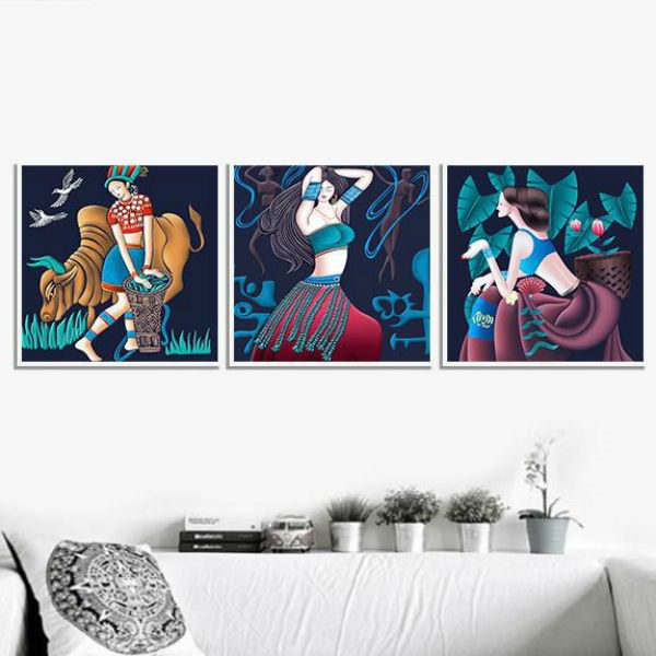 Bộ 3 Tranh Canvas Viền Composite Trang Trí Thiếu Nữ Màu 2 W281