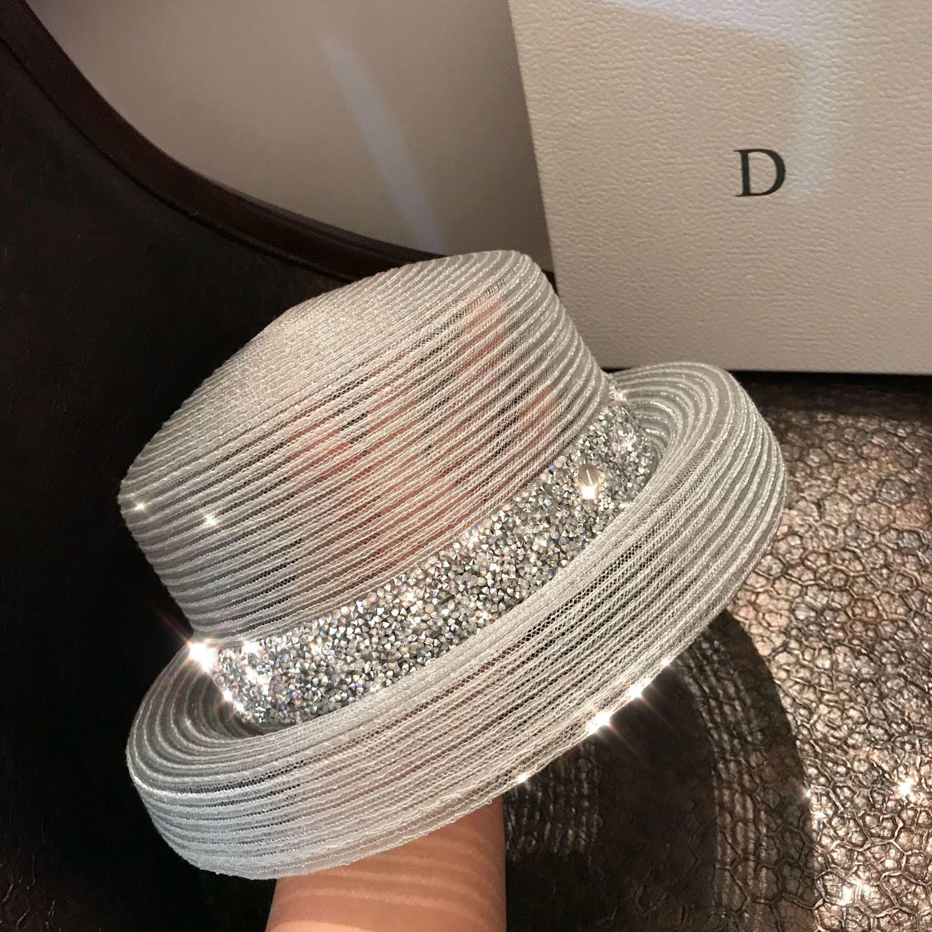 Chính Thức Nón Rộng Vành Nữ Hepburn Phong Cách Vintage Thiết Kế Mũ Rơm Trong Suốt Sáng Kim Cương Đi Biển Nón Lớn Hat nhà Thờ Nón