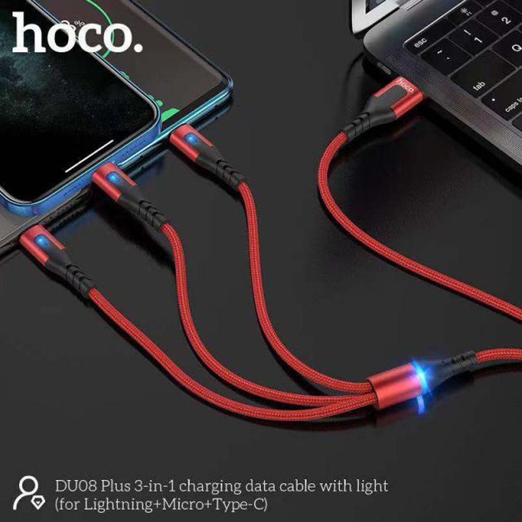 Cáp Sạc Dành Cho Hoco DU08 Plus 3 in 1, Sạc Nhanh 2.4A, Có Đèn LED, Dây Dù Chống Dối, Đứt Gãy, Hỗ Trợ Truyền Dữ Liệu, Dài 1.2m - Hàng Chính Hãng