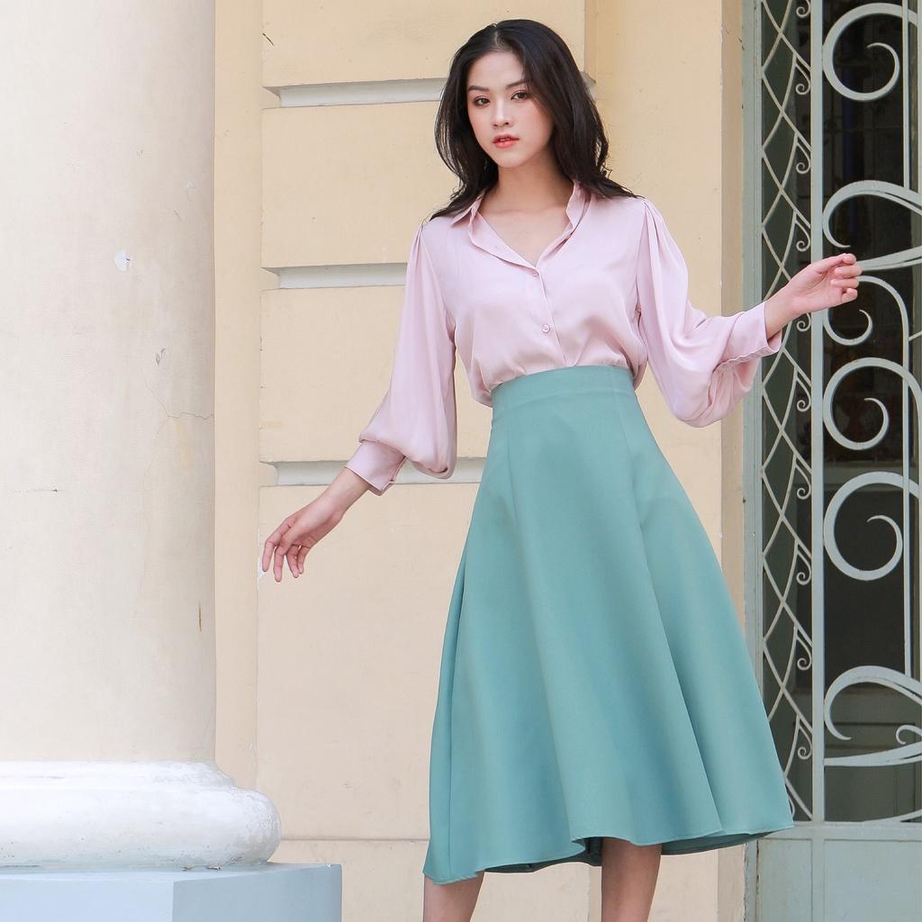 KIOBI - Chân váy Laluna form midi rã 6 mảnh, ôm trên xòe dưới, lưng cao, 3 size S M L, vải cotton bố xanh đ - KIV2063XD