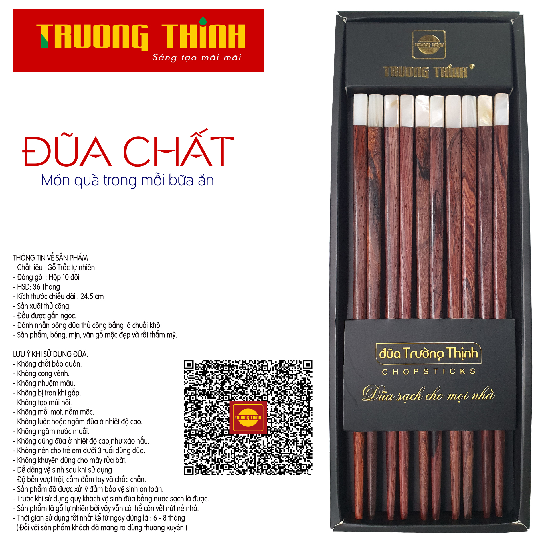 Đũa Gỗ Trắc Vân Đầu Gắn Ngọc Trắng Trường Thịnh Chính Hãng/ Hộp Màu Đen/ 10 Đôi Vuông