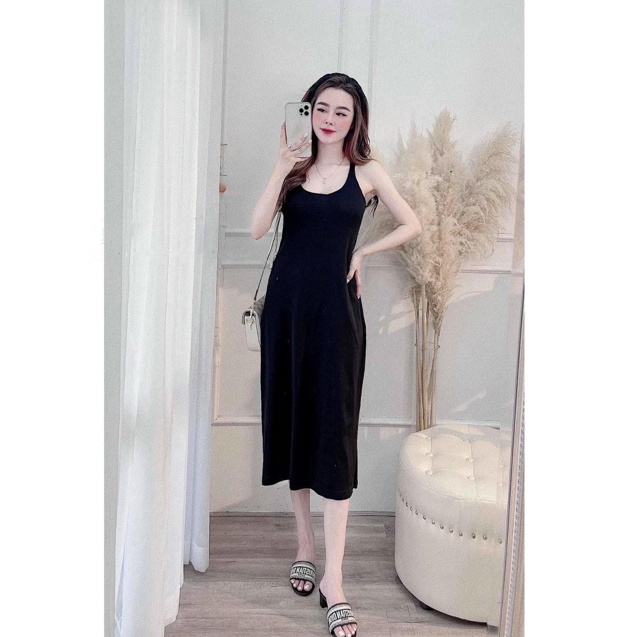 Đầm maxi nữ dáng xòe ba lỗ chất thun cotton co dãn, Váy nữ dài sát nách vintage trẻ trung rẻ đẹp