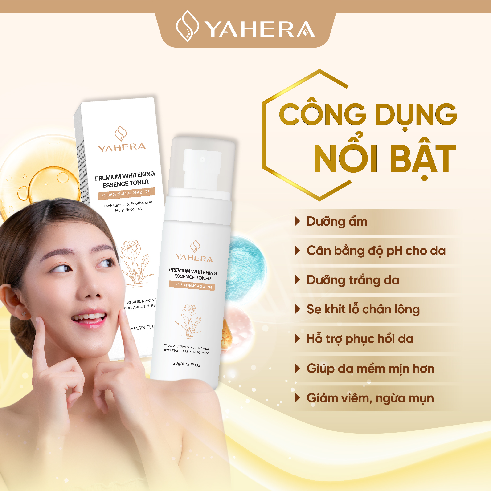 Nước hoa hồng dưỡng trắng da YAHERA Premium Whitening Essence Toner giúp sạch sâu, dưỡng ẩm, cân bằng độ pH da, se khít lỗ chân lông và ngăn ngừa mụn 120g