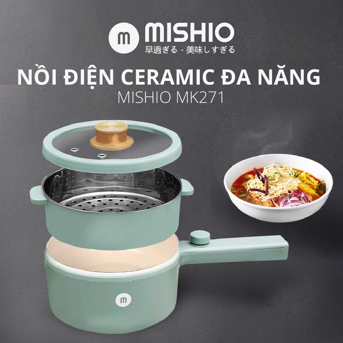 Nồi điện ceramic Mishio nấu lẩu, mỳ, canh, súp dễ dàng - Hàng chính hãng