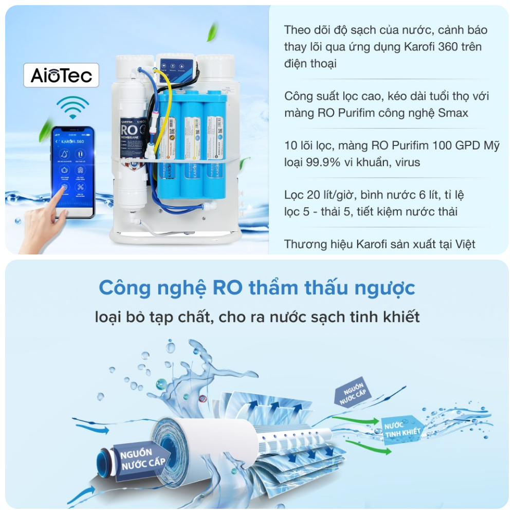 Máy Lọc Nước Để Gầm Karofi KAQ-U95, Công Nghệ Aiotec, Kết Nối wifi, Màng RO100 Purifim Mỹ, Hàng Chính Hãng