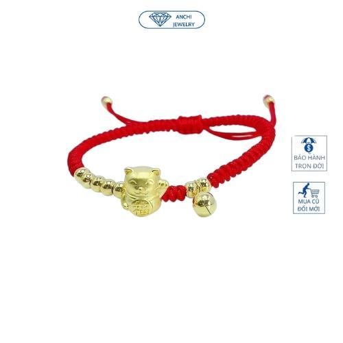 Vòng tay dây bện chỉ đỏ charm hổ( mèo thần tài) bạc ta mạ vàng may mắn, Anchi jewelry