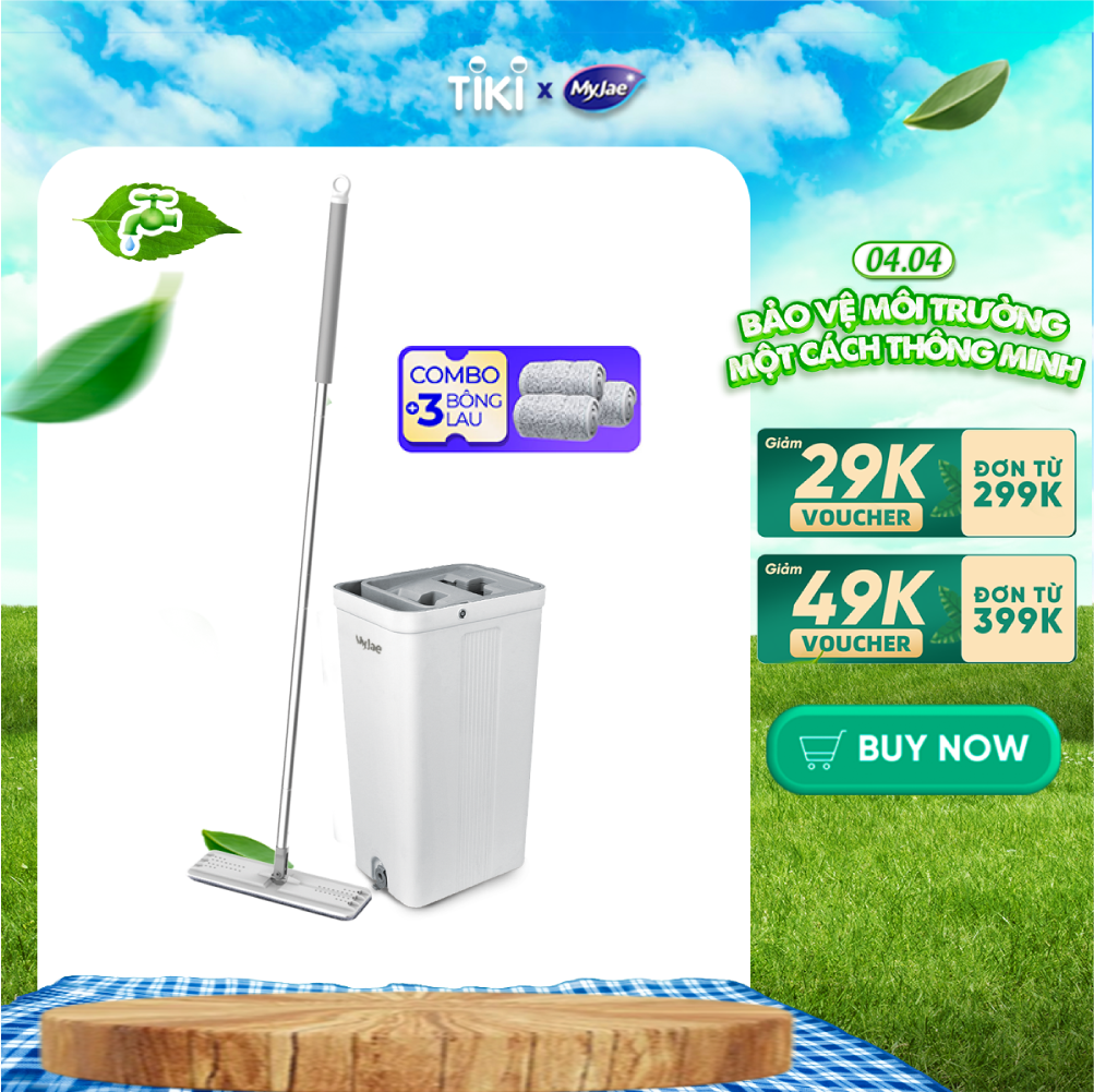 Combo 3 Bông Lau 1 Bộ Lau Nhà MyJae Đài Loan Sợi Microfiber 2 Ngăn Tự Vắt Xoay 360 Độ Thông Minh 123cm
