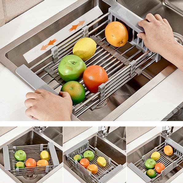 Khay Đựng Đồ Để Bồn Rửa Bát Inox, Gác Bồn Rửa Chén Có Thể Kéo Dài tiện lợi
