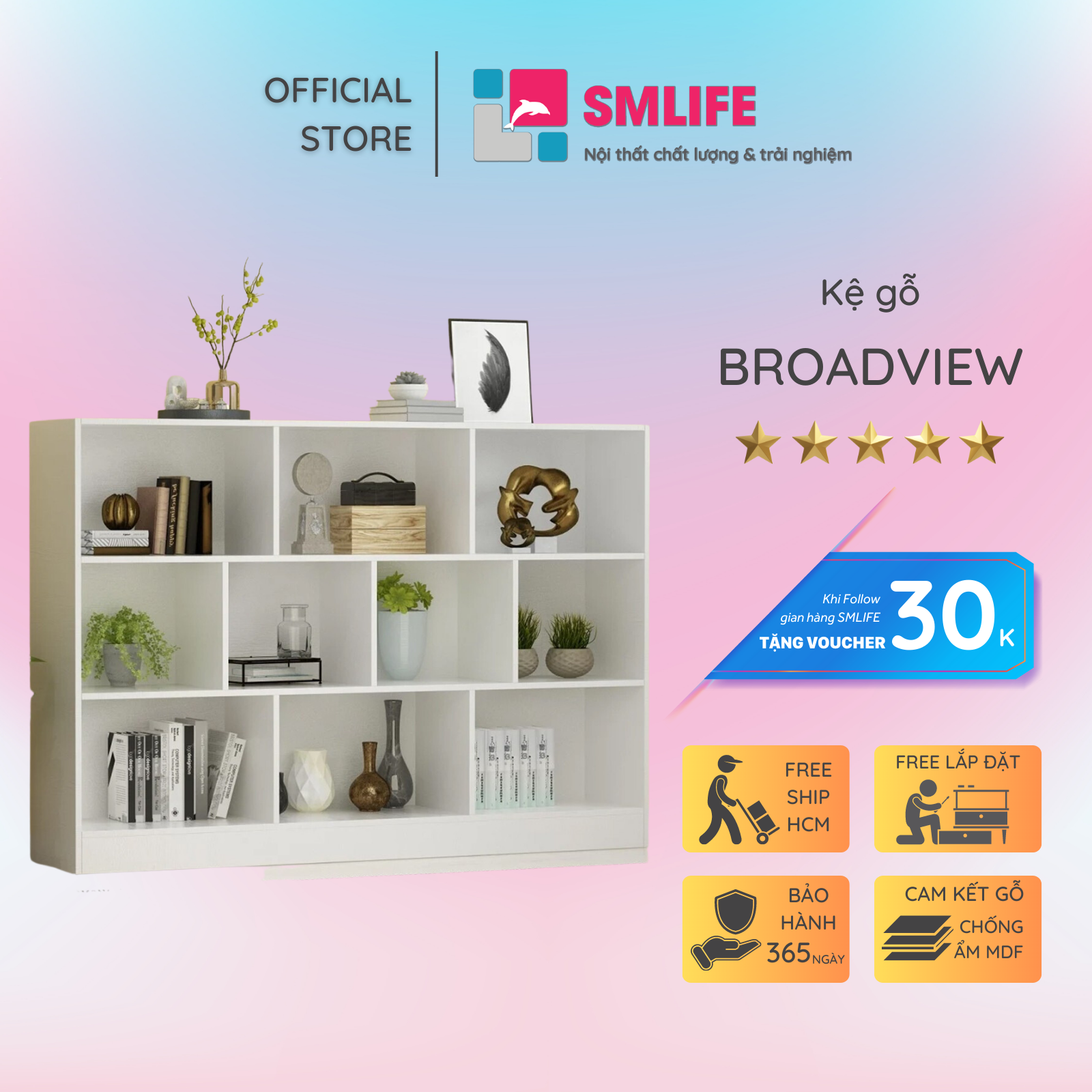 Giá sách bằng gỗ kiểu dáng tiện dụng SMLIFE Broadview