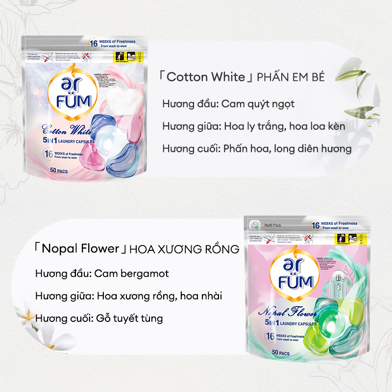 Viên giặt xả arFUM 5 trong 1 MỚI, tinh dầu nước hóa lưu hương lâu 16 tuần, khử khuẩn 99% -