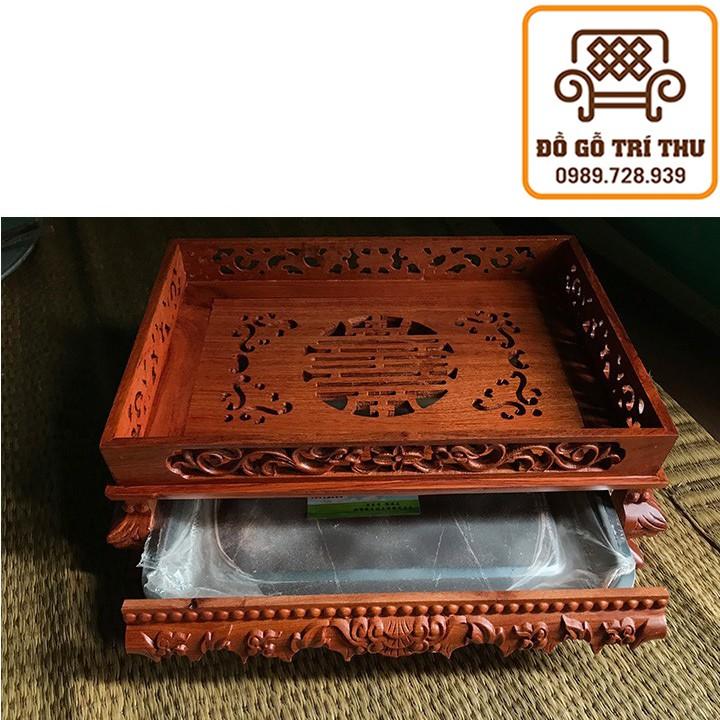 Khay Trà Gỗ Hương Chân Quỳ Đục Song Long Chầu Nguyệt Tứ Diện Cấp Sang Trọng