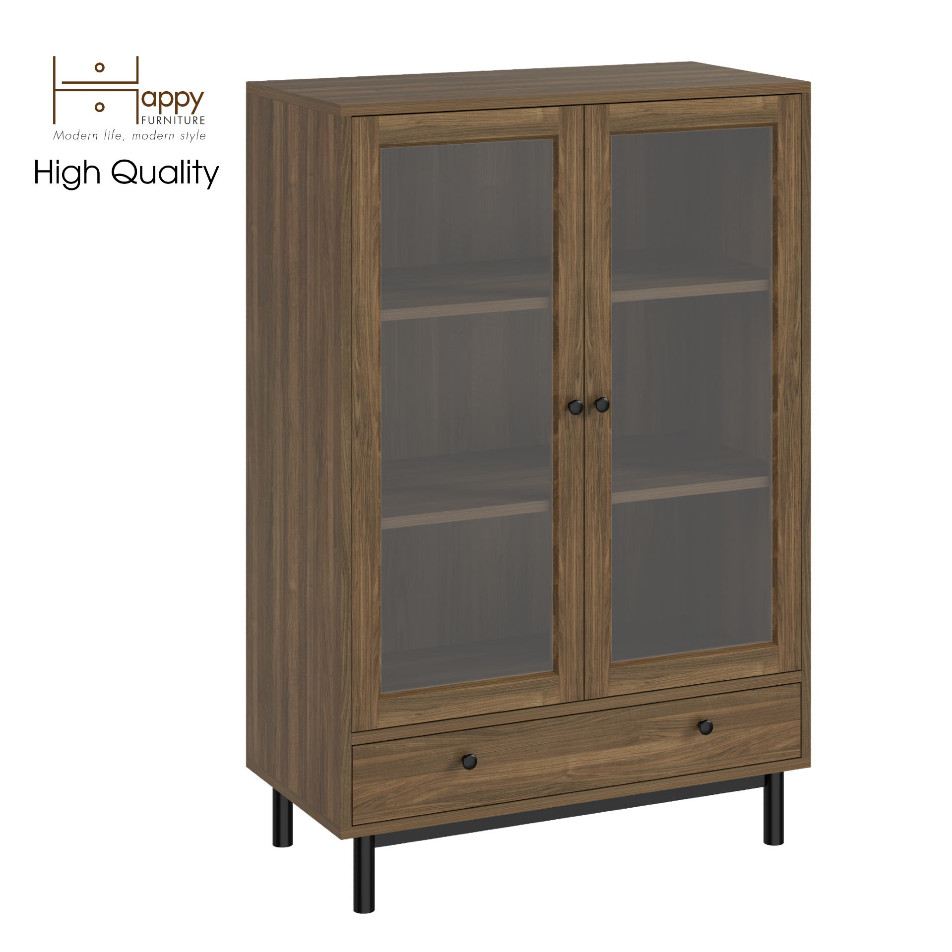 [Happy Home Furniture] CATY , Kệ sách 3 tầng cửa kính 1 ngăn kéo - chân sắt ,  80cm x 39cm x 120cm (DxRxC), KSA_022