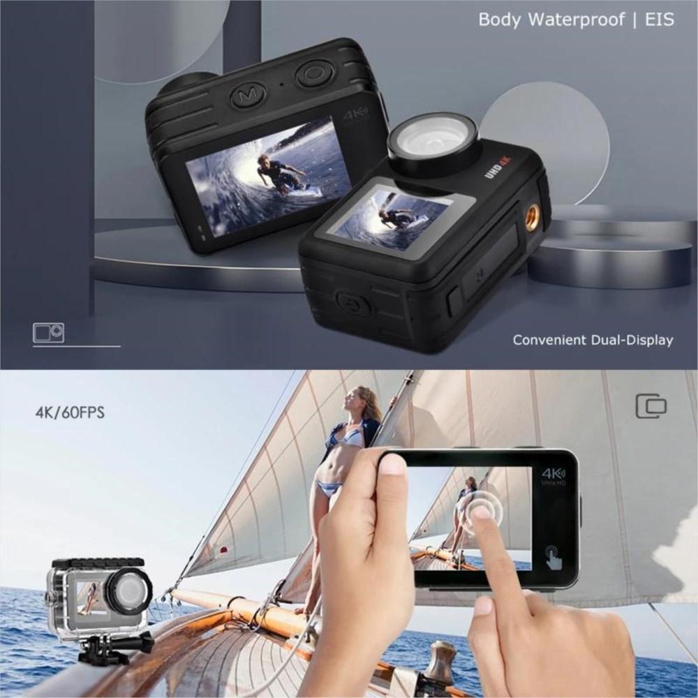 Camera hành động 4K 60FPS 20MP Chống nước 5-40M EIS WiFi Chống rung Camera thể thao Video dưới nước Màn hình cảm ứng LCD Mũ bảo hiểm màn hình kép DVR