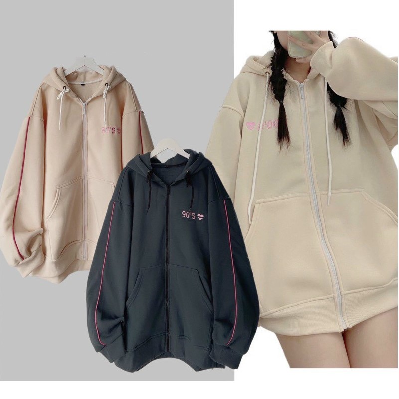 Áo khoác nam nữ Hoodie nỉ trơn Basic in chữ 90S màu form rộng tay bồng khóa kéo có mũ Ulzzang giá rẻ couple