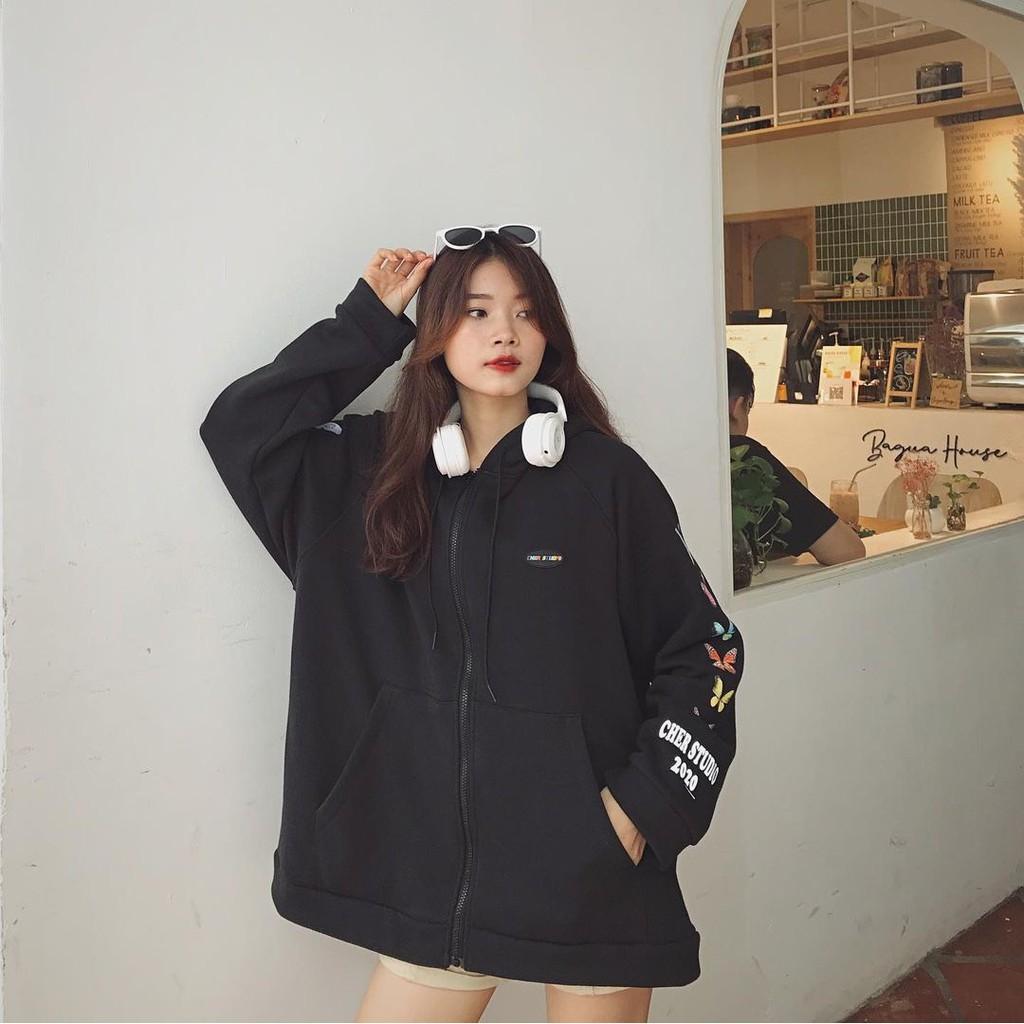 ÁO KHOÁC NỈ HỒNG ĐEN KIỂU DÁNG ÁO KHOÁC HOODIE FORM RỘNG PHỐI MŨ