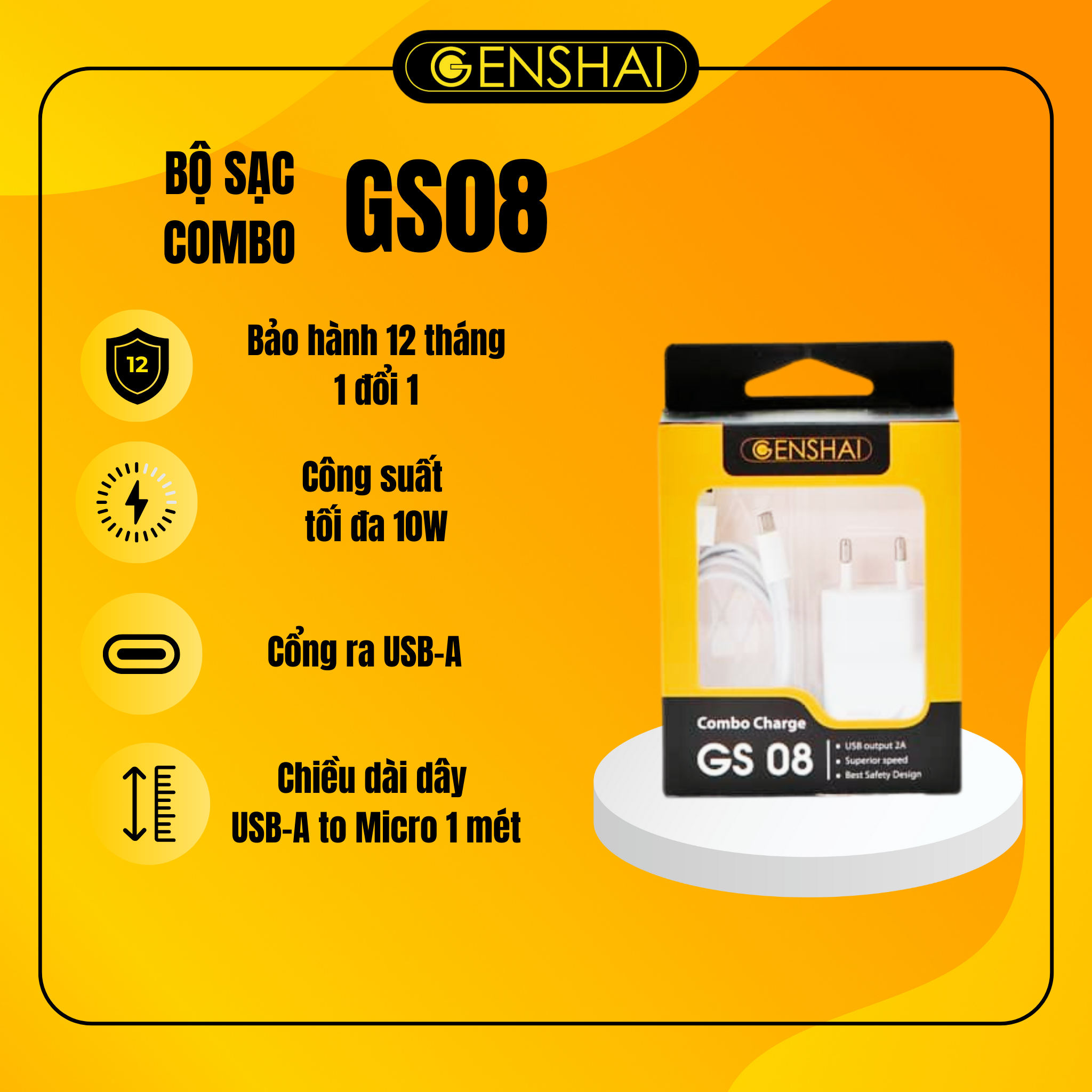 Bộ sạc combo hàng chính hãng GENSHAI GS08 cho điện thoại di động và  máy tính bảng | Bảo hành 12 tháng 1 đổi 1 | Made in Việt Nam