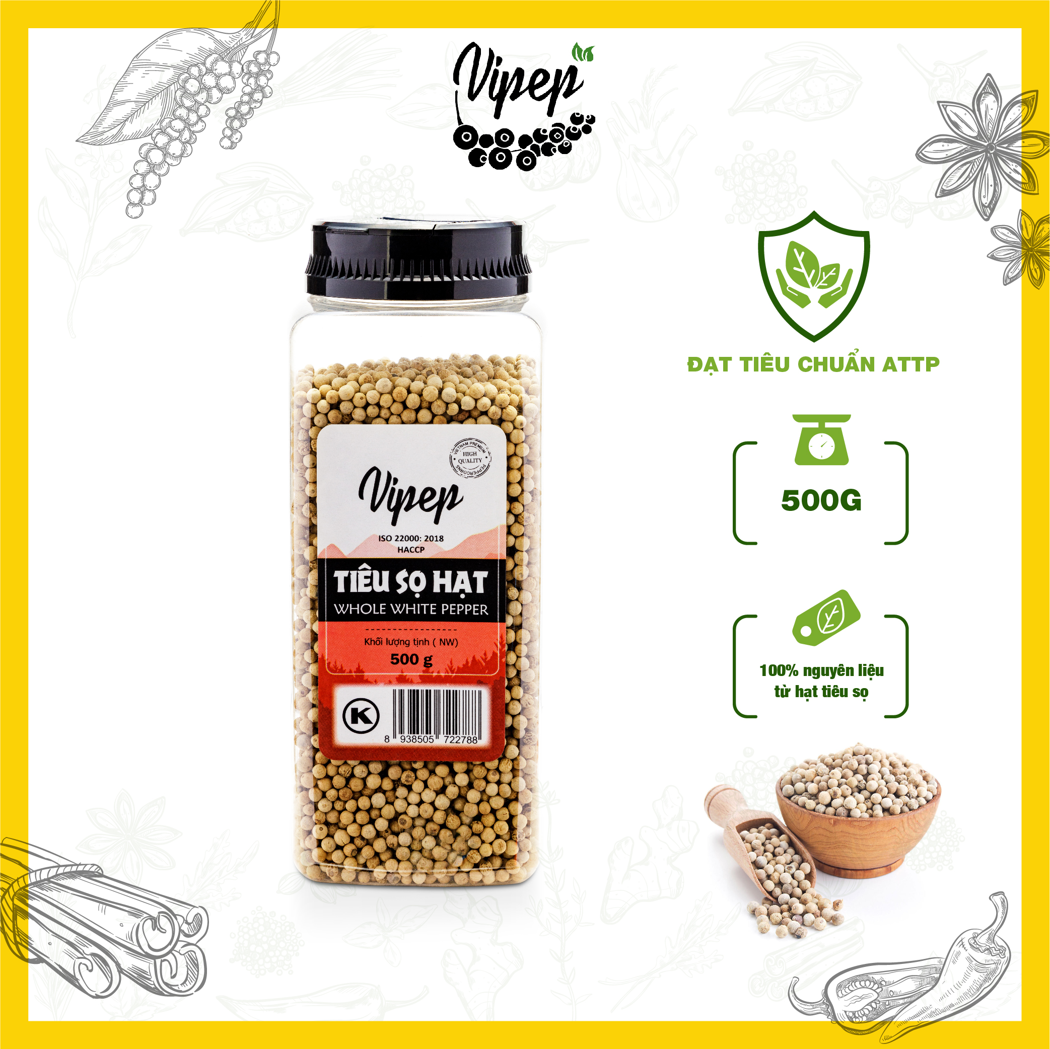 Hạt tiêu sọ Vipep trắng tự nhiên, trồng từ Đắk Lắk, không chất bảo quản, hũ lớn tiết kiệm