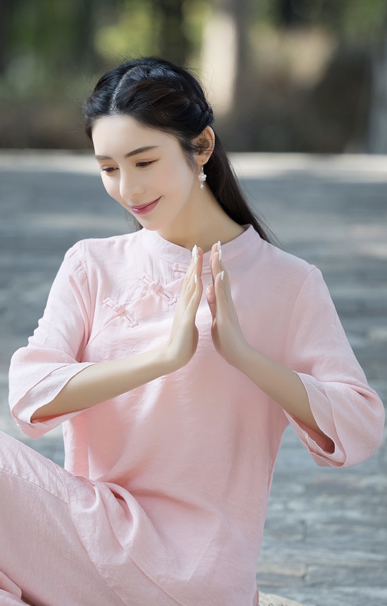 Đồ lam đi lễ chùa, đồ thiền, yoga- Bộ nữ cổ tàu ống bo màu hồng Thiền Chay