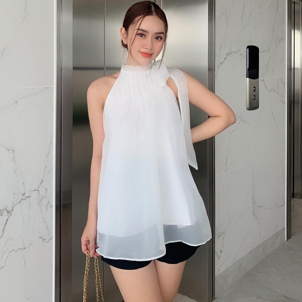 Áo voan tơ cổ yếm xếp li cột nơ