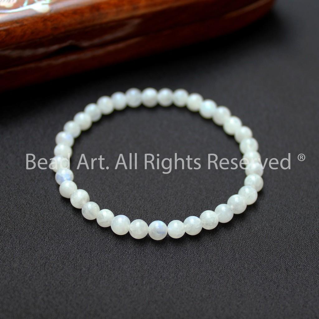 Vòng Tay Đá Mặt Trăng, Đá Moonstone Tự Nhiên Ánh Cầu Vồng 4MM-4.5MM, Vòng Tay Phong Thuỷ, Chuỗi hạt, Mệnh Kim, Thuỷ - Bead Art