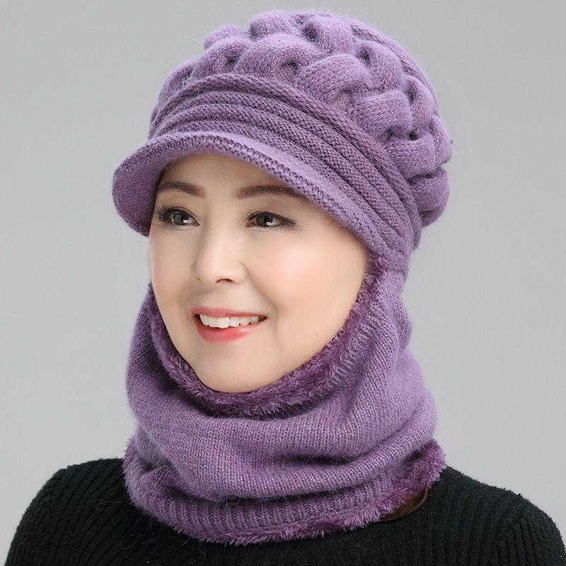 Mũ len ấm cho người già, nón len nữ kèm khăn che mặt siêu ấm, mũ len thời trang nữ trung niên