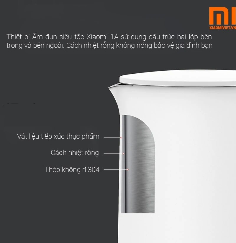 Ấm đun nước siêu tốc Xiaomi Mijia 1.5L chất liệu 2 lớp cao cấp - Bình đun nước thép không gỉ - Hàng chính hãng