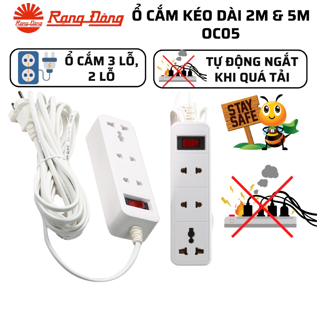 Ổ cắm điện Rạng Đông OC05 3C/10A dây dài 2m và 5m đa năng chịu tải tốt, chịu nhiệt an toàn - Hàng chính hãng