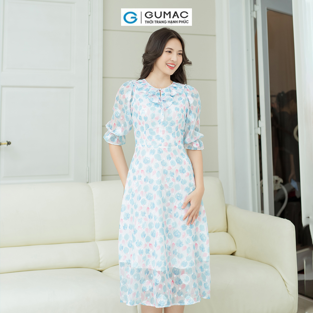 Đầm hoa cổ bèo GUMAC DD08027