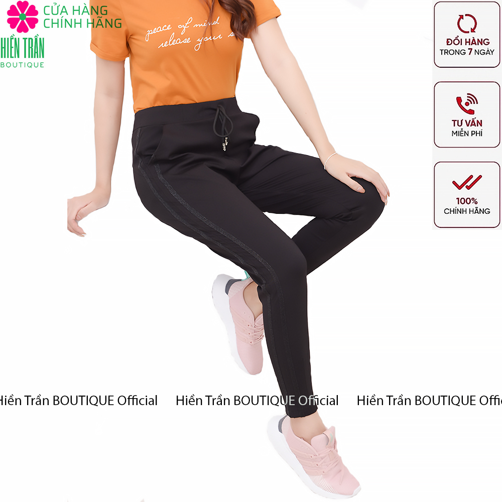 Quần jogger nữ Hiền Trần BOUTIQUE dáng dài cạp chun dây buộc, sọc kim tuyến 2 bên