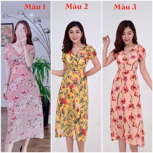 Đầm hoa cổ V ngực dúm cúc ngực thiết kế DVCC07