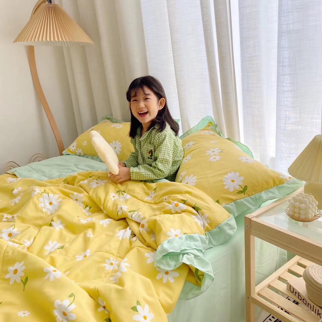 Bộ chăn đũi hè vỏ ga và 2 vỏ gối M2T bedding chăn lót bông thiết kế phối bèo họa tiết đũi cúc vàng