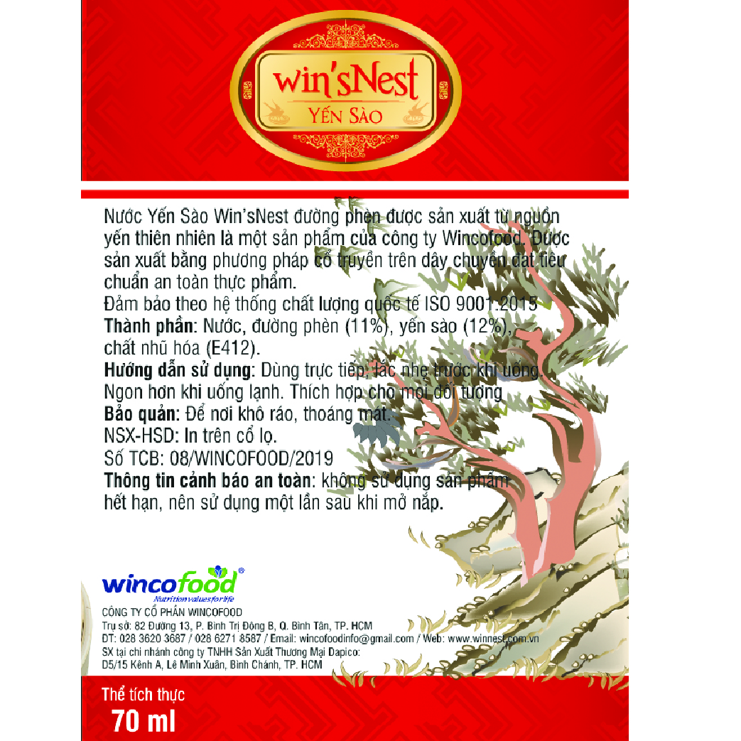 Yến sào win'sNest tổ yến 25% chưng sẵn nguyên chất ít đường (4 lọ*70ml/ Hộp) thích hợp cho mọi đối tượng và trẻ từ 3 tuổi trở lên