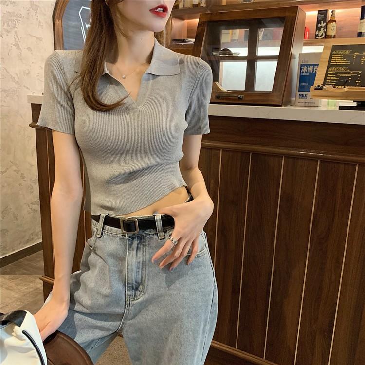 Áo Croptop Áo Polo Croptop Len Tăm Dệt Kim Cao Cấp Quảng Châu Tay Ngắn Có Cổ