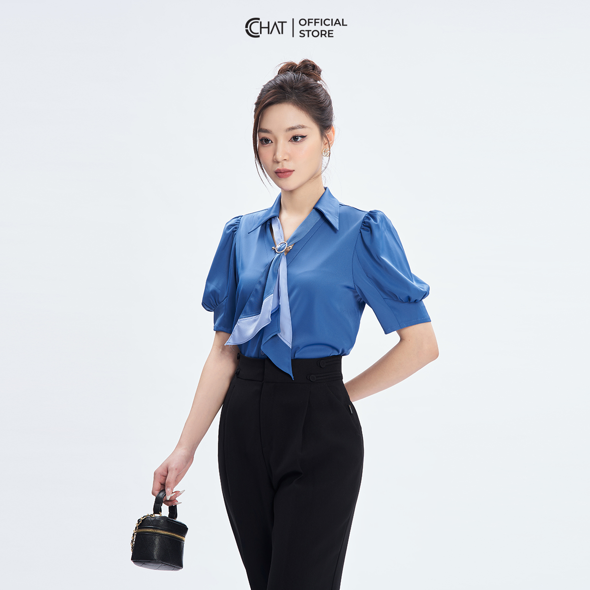 Áo Sơ Mi Nữ  Kiểu Cổ Đức Mở V Phối Khăn Chất Lụa Mềm Mịn 53SNL2005ST