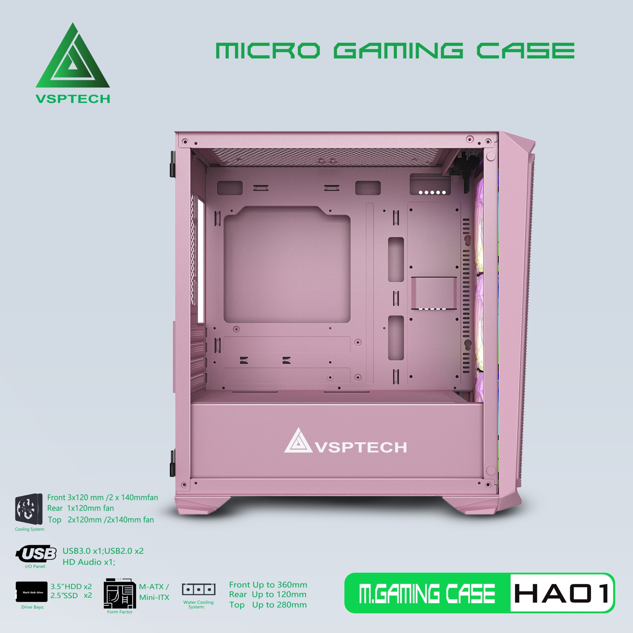 Case Gaming VSP HA01 Mini Tower (Hồng) - Hàng chính hãng