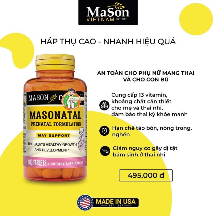 Viên Uống Tổng Hợp Vitamin MASON NATURAL Prenatal Formulation 100 Viên Cho Phụ Nữ Mang Thai Và Cho Con Bú