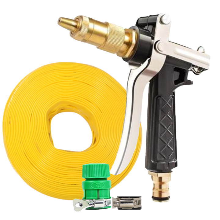 Bộ dây vòi xịt nước rửa xe, tưới cây , tăng áp 3 lần, loại 20m 206236 đầu đồng, đai, nối vòi vàng