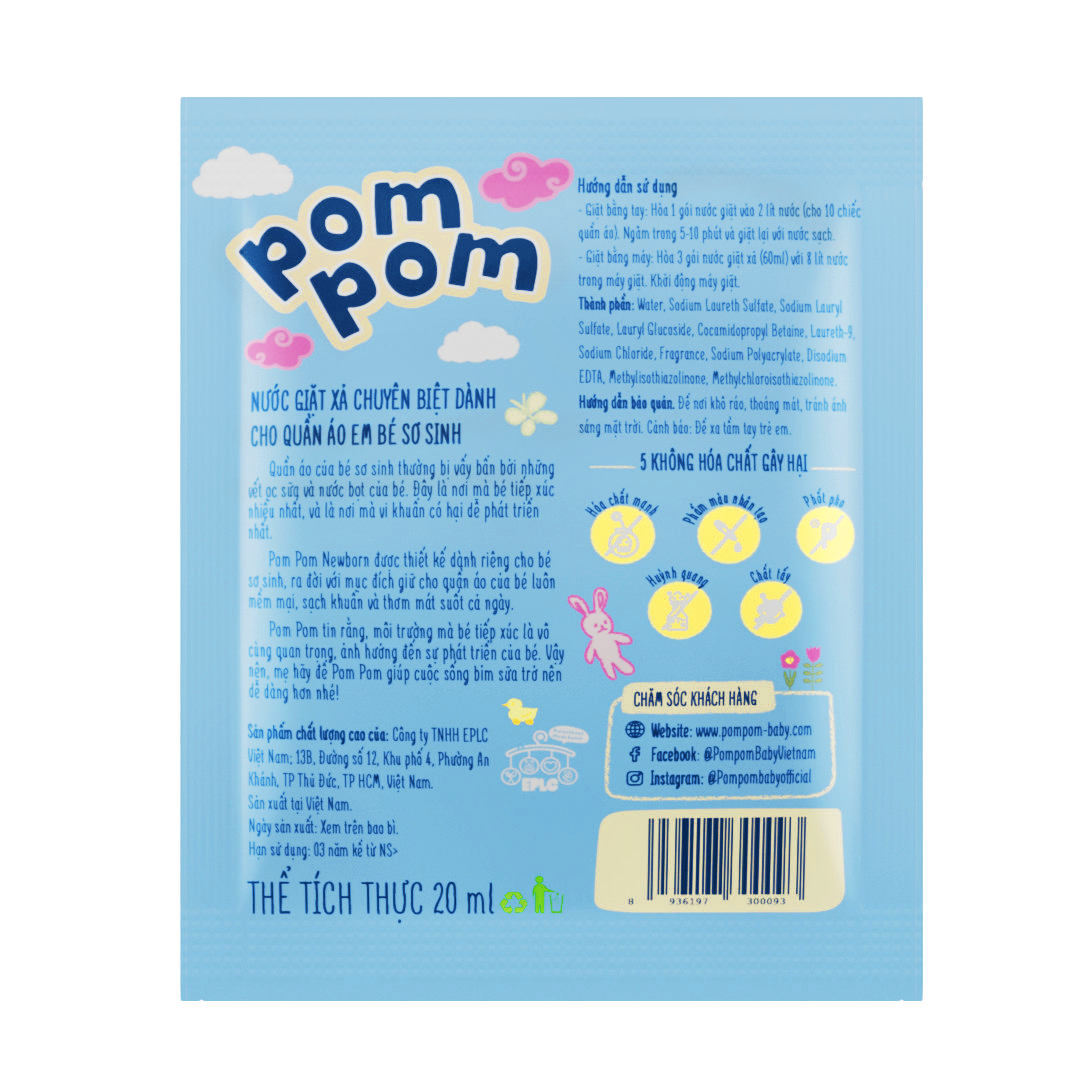 Dây 12 Gói (20ml) - Nước giặt xả Pom Pom Newborn cho Bé sơ sinh (0-12 Tháng Tuổi)