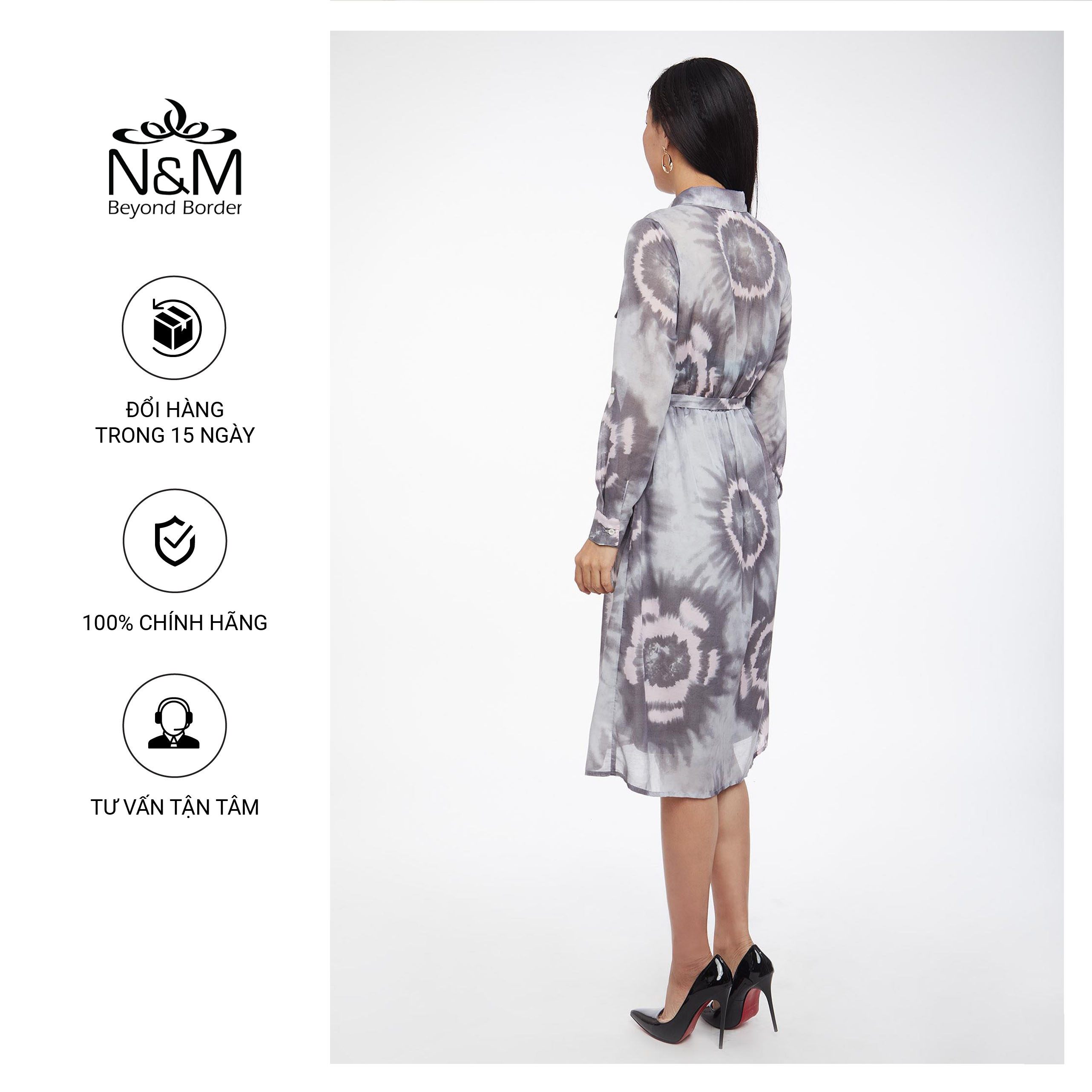 Đầm Nữ tay dài cổ bẻ dáng suông họa tiết nổi bật  N&amp;M mã 1906062