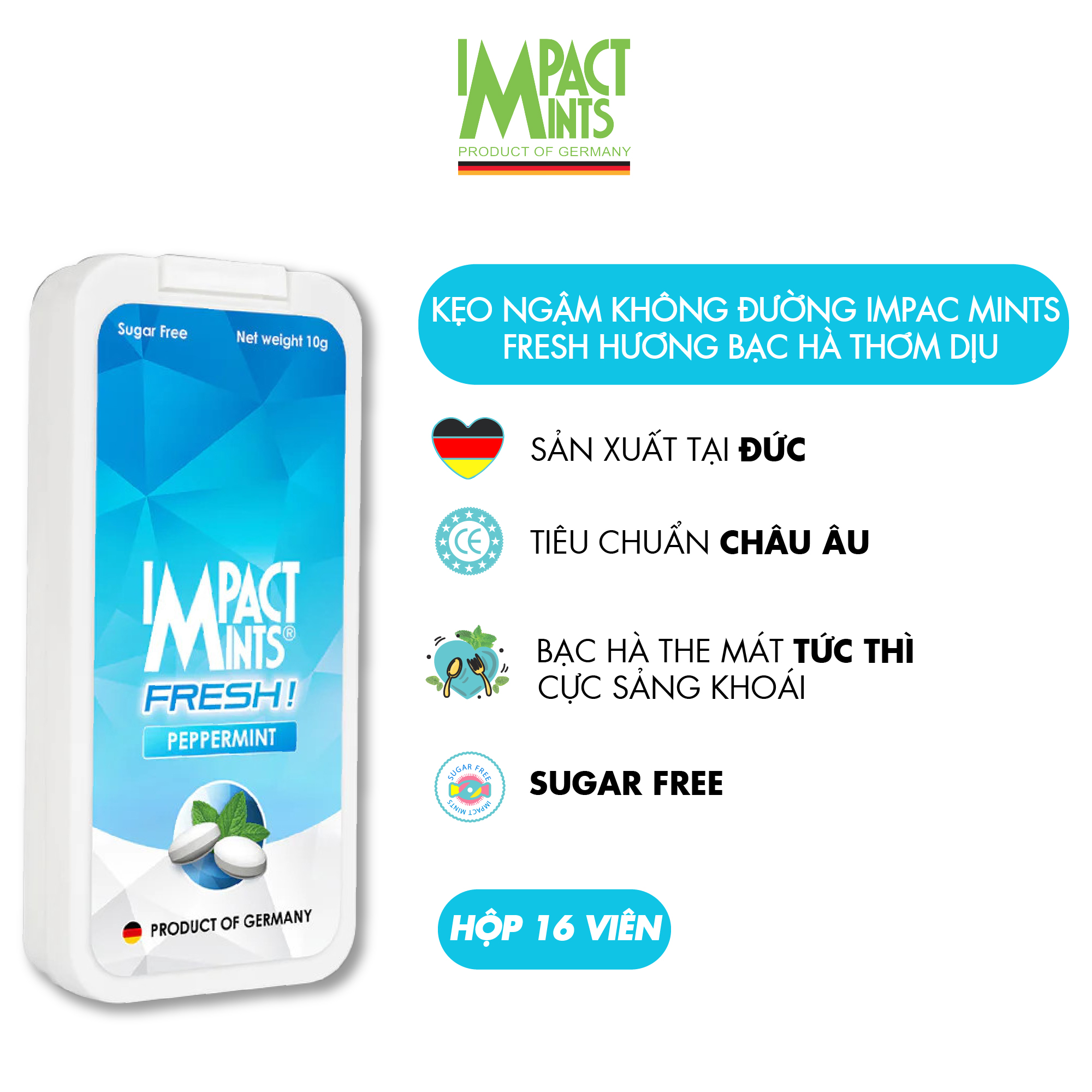 Kẹo Không Đường Bạc Hà IMPACT MINTS FRESH 10g (Tặng kèm 1 gói khăn giấy tepo)