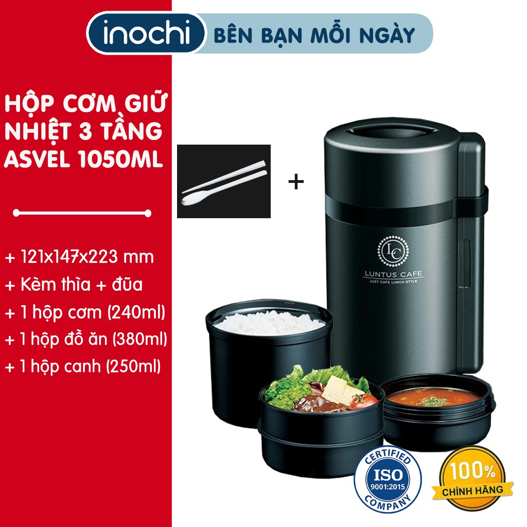 Hộp cơm giữ nhiệt 3 tầng Asvel Nhật bản (HLB-B1050CS) 1050ml - Chính hãng INOCHI