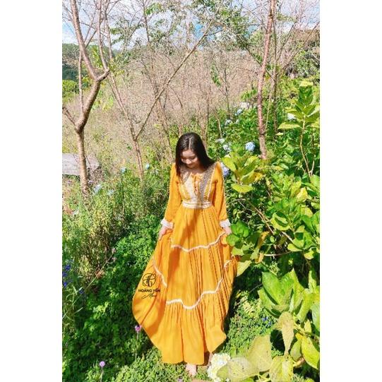 HOANGYEN - Sun Dress đầm tay dài viền ren bohemian voan vàng