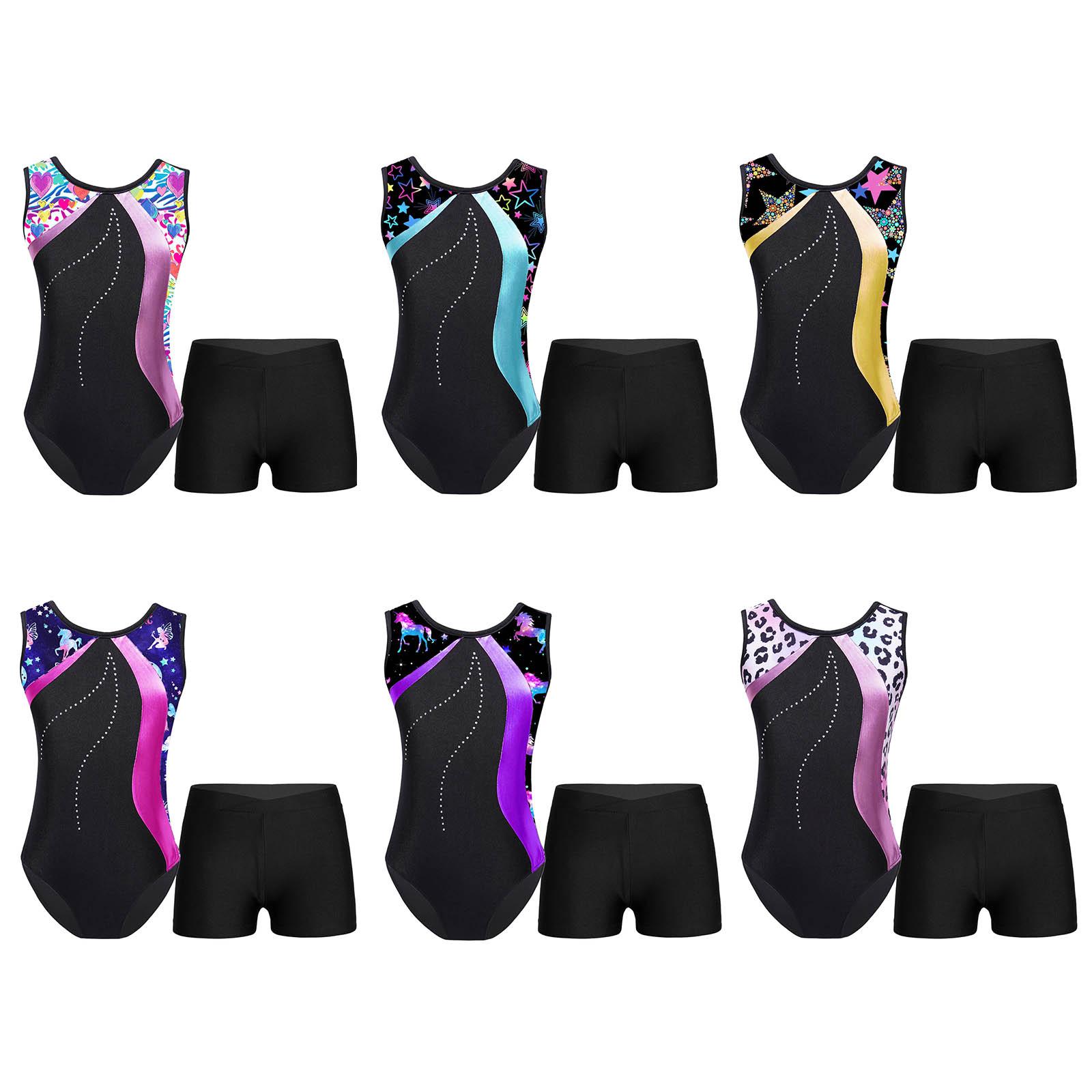 Trẻ em nữ không tay chắp vá in thể dục dụng cụ thể dục dụng cụ với quần short tập luyện trượt băng jumpsuit dancew quần áo múa ba lê Color: Pink Leopard Size: 10
