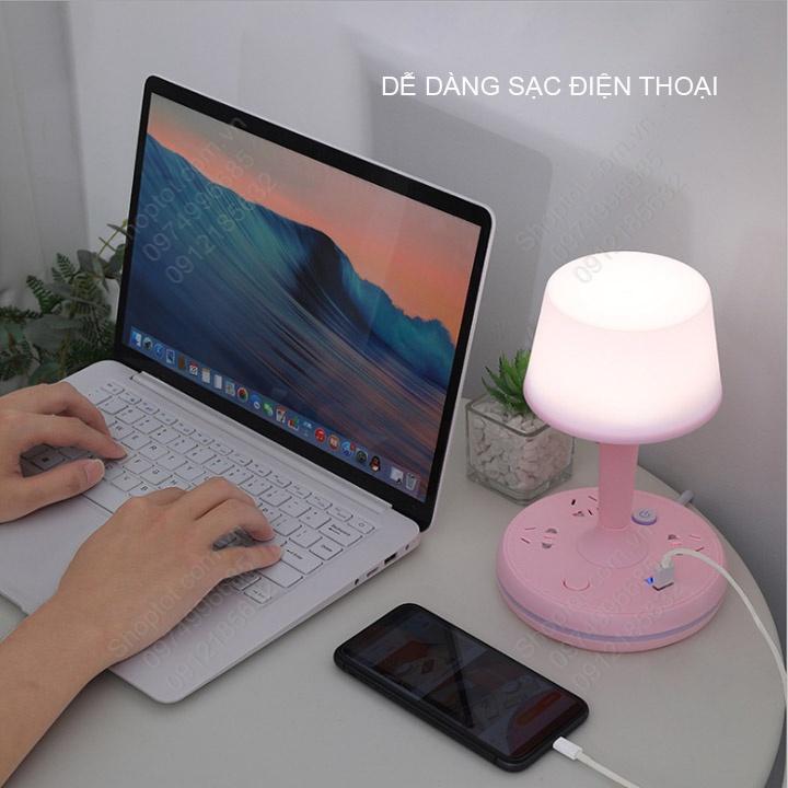 Đèn ngủ để bàn kiêm ổ cắm điện kéo dài 1.8m, cổng sạc USB 2A và giá đỡ điện thoại, có 3 cấp điện sáng