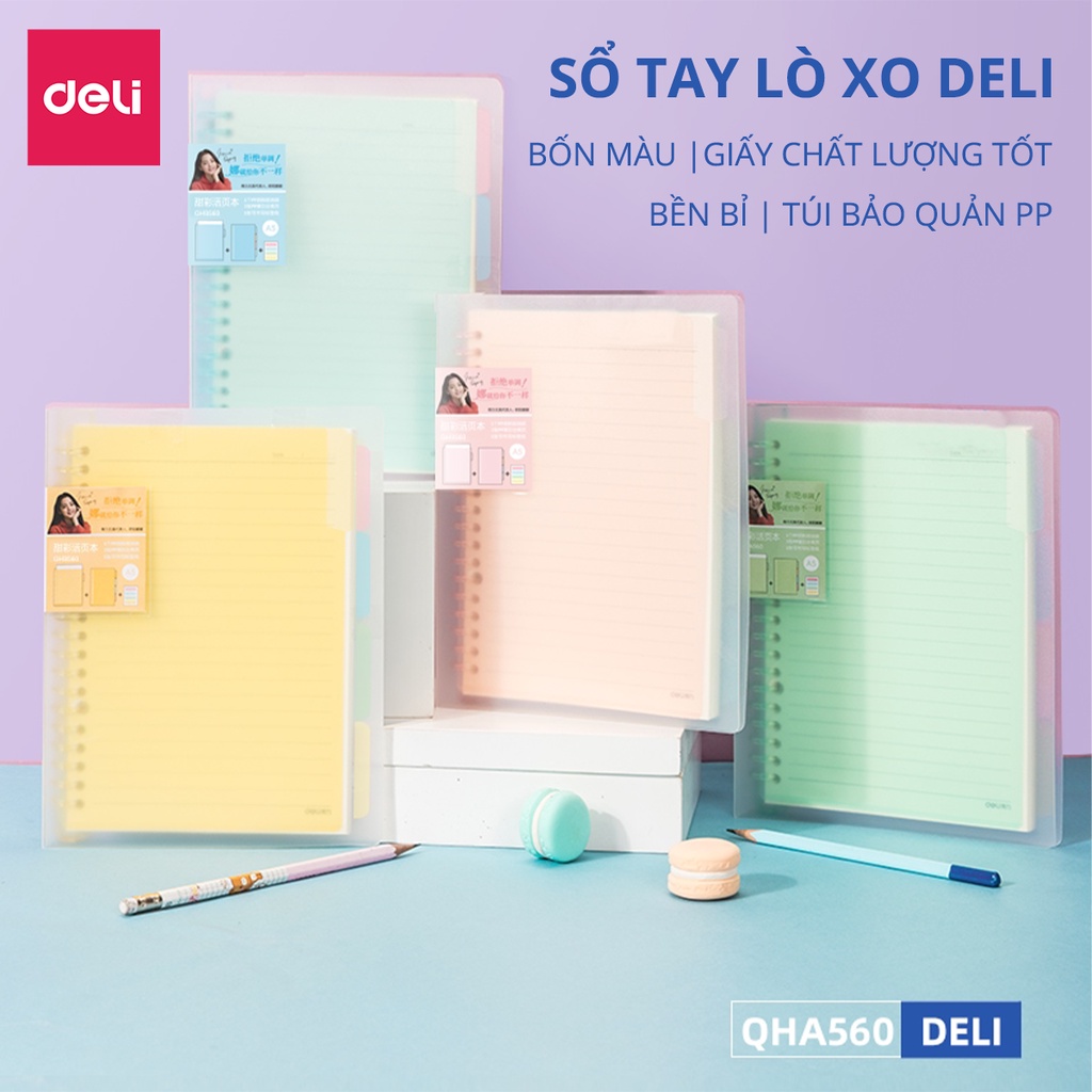 Sổ Tay Ghi Chép 60 Trang Gáy Lò Xo A5 Deli - Xanh Dương/Hồng/Vàng/Xanh Lá - QHA560