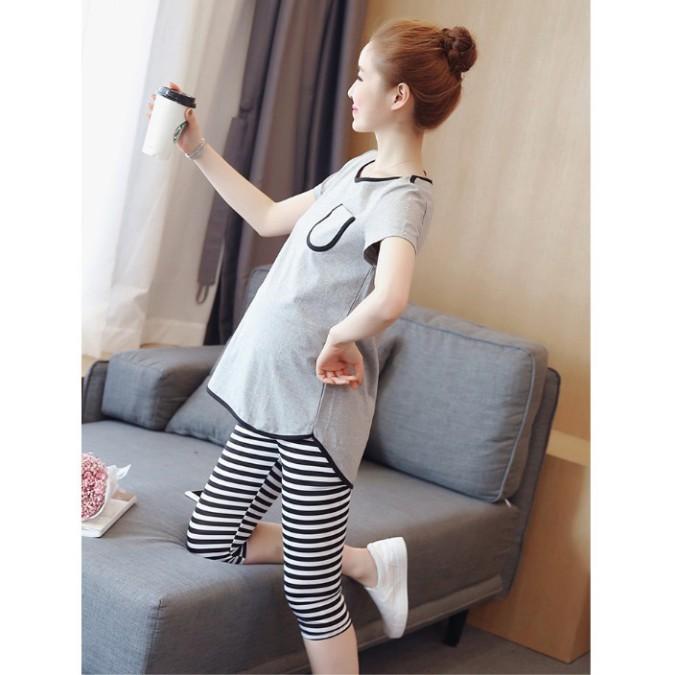 Bộ đồ bầu áo ghi xám quần kẻ trẻ trung hàngcao cấp - BN 38