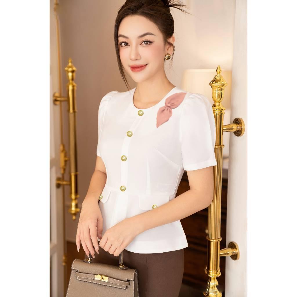 Áo sơ mi kiểu nữ peplum NƠ VAI phối nắp túi và chun lưng giấu bụng hiệu quả