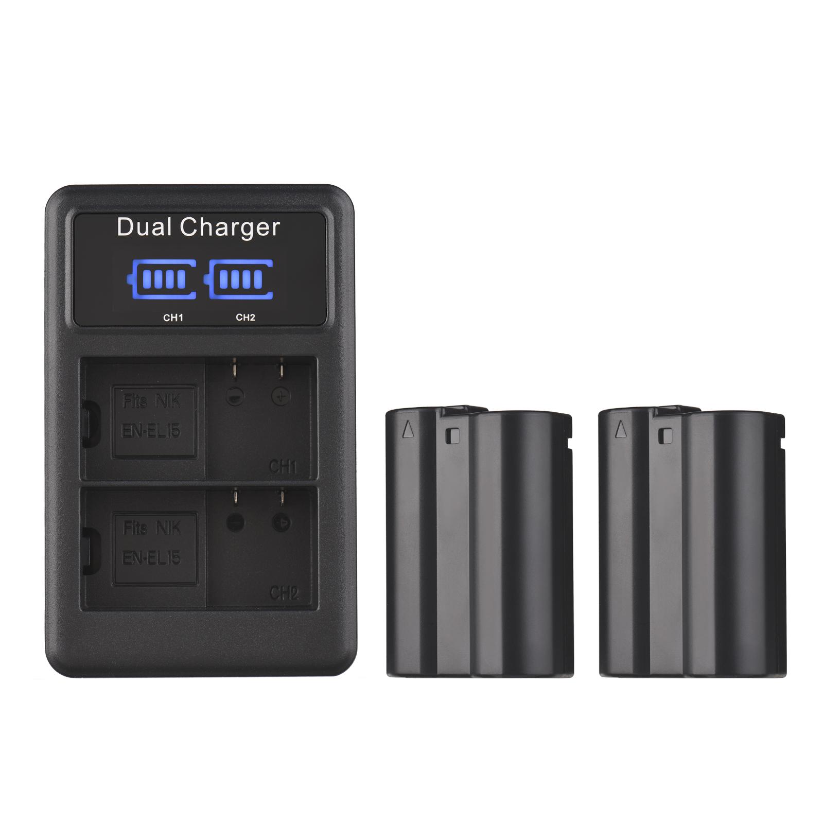 EN-EL15 Battery & Charger Kit 2pcs 7.4V 2550mAh Battery + 1pc Dual Channel Battery Charger LED Screen Display for Nikon