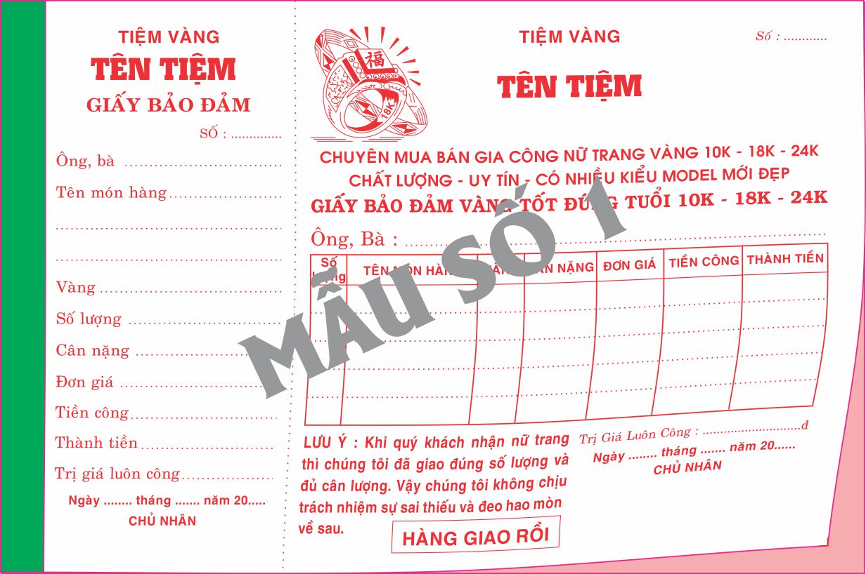 Giấy bảo đảm tiệm vàng 2 liên-block 10-chọn mẫu in tên